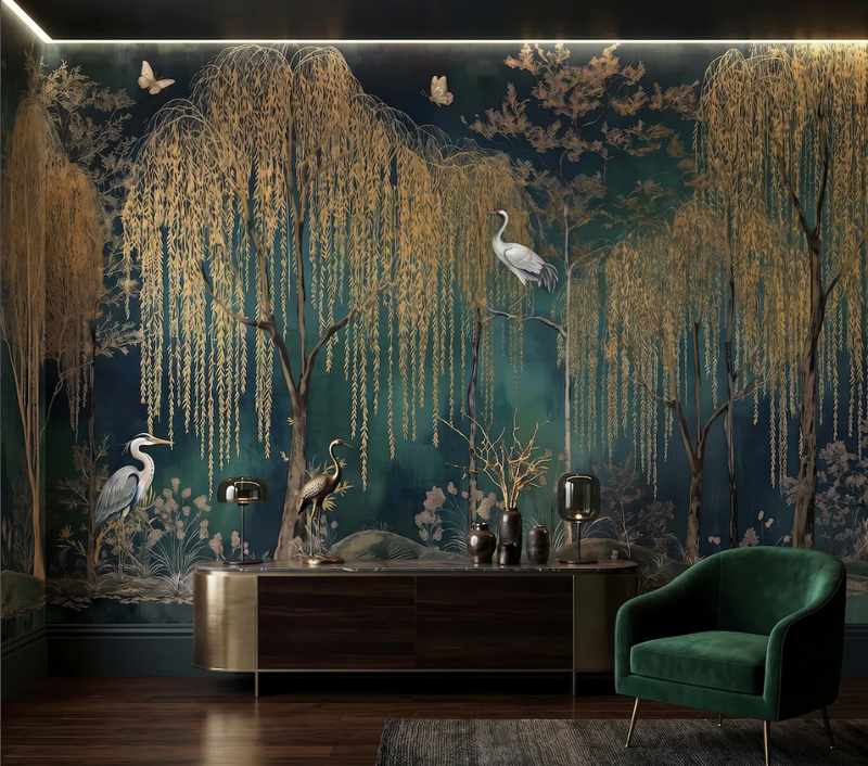 Elegant Crane & Willow Tree Wall Mural, Traditional Chinese Scenery Wallpaper