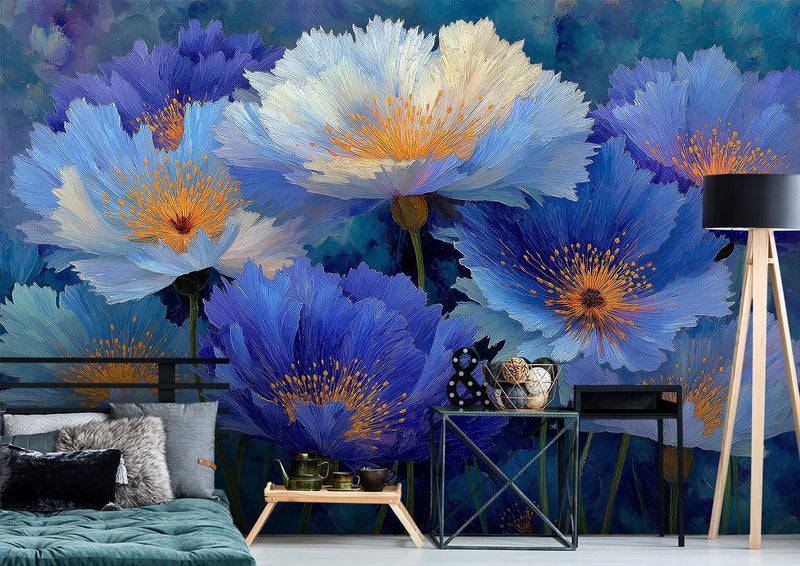 Blue Poppy Gold Accent Wallpaper Mural | Elegant Hand-Painted Floral Peel and Stick