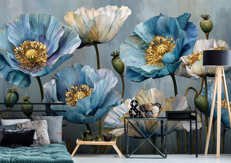 Blue Poppy Flower Oil Painting Wallpaper Mural | Vibrant Impasto Floral Peel and Stick
