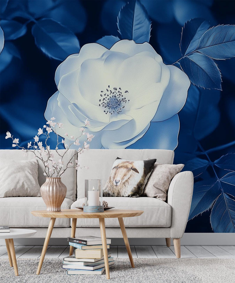 Cascading Ivory Dusty Blue Wisteria Wallpaper Mural | Soft Floral Peel and Stick