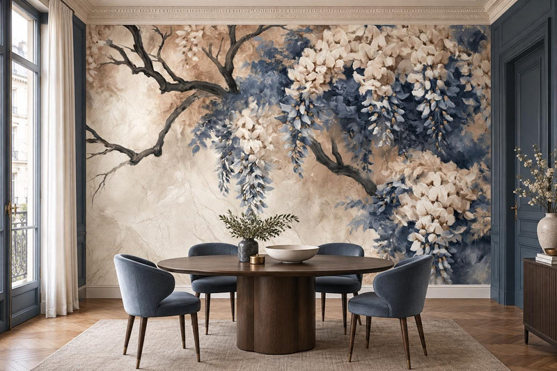 Cascading Ivory Dusty Blue Wisteria Wallpaper Mural | Soft Floral Peel and Stick