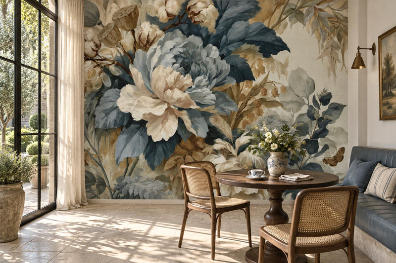 Blue Peony Cotton Boll Wallpaper Mural | Vintage Botanical Oil Painting Peel and Stick