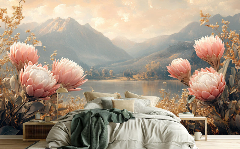 Botanical Landscape Hand Painted Floral Wallpaper Mural – Protea Mountain Lake Peel and Stick Wallpaper