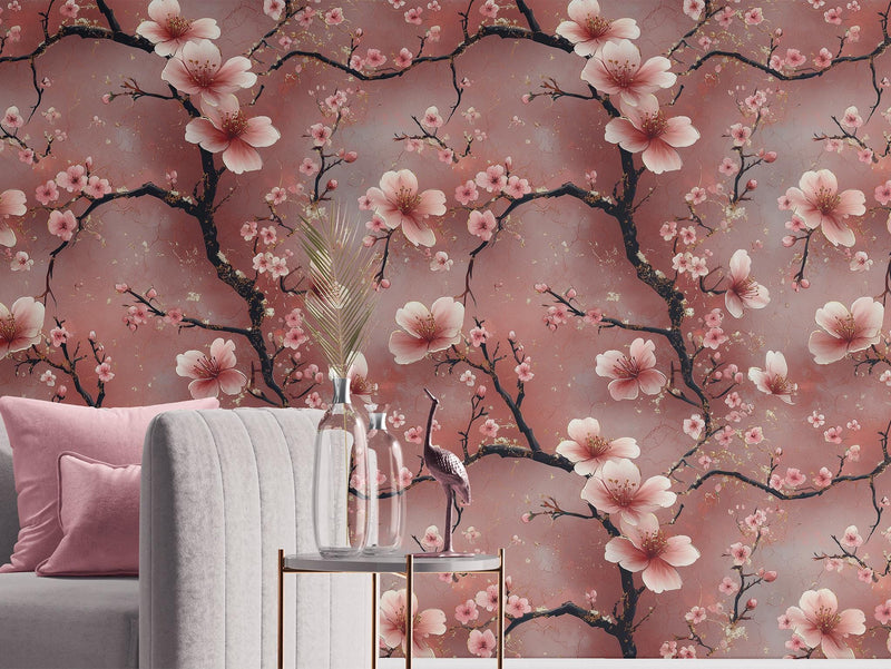 Cherry Blossom Blush Pink Floral Wallpaper Pattern – Gold Accent Peel and Stick Wallpaper Mural