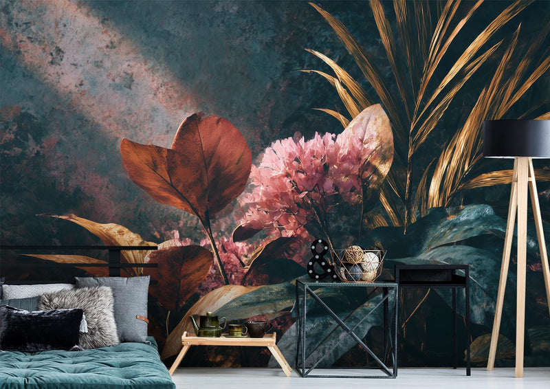 Chiaroscuro Botanical Dramatic Golden Floral Wallpaper – Moody Dark Peel and Stick Wallpaper Mural