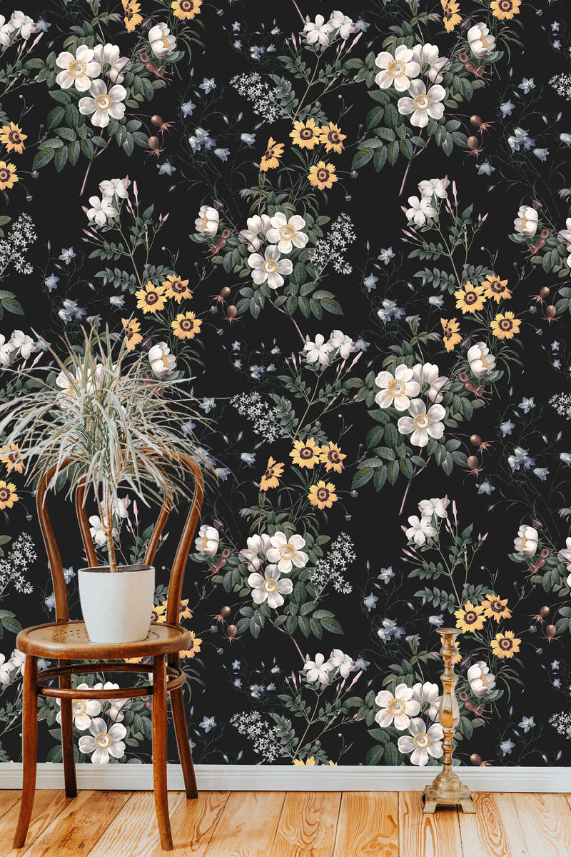Chic Floral Black Botanical Wallpaper – Wildflower Rose and Sunflower Peel and Stick Wallpaper Mural