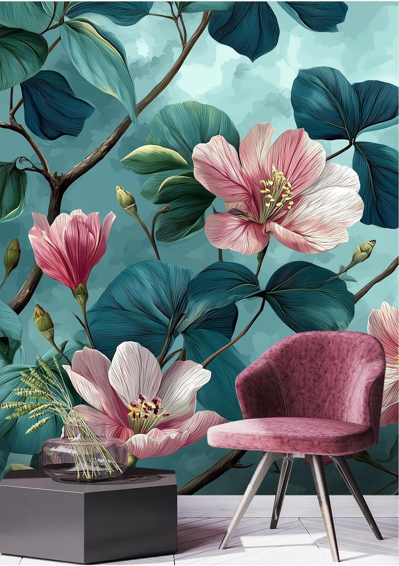Chinoiserie Botanical Teal Floral Wallpaper – Pink Magnolia Peel and Stick Wallpaper Mural