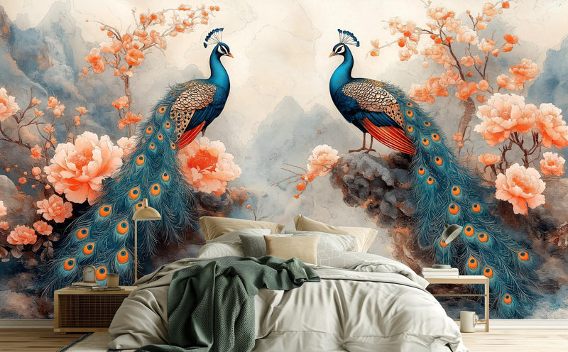 Chinoiserie Peacock Hand-Painted Floral Wallpaper Mural | Peel and Stick Removable Wall Art