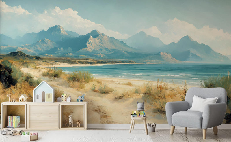 Oil Painting Coastal Mountain Beach Wall Mural | Neutral Boho Seaside Landscape Removable Wallpaper