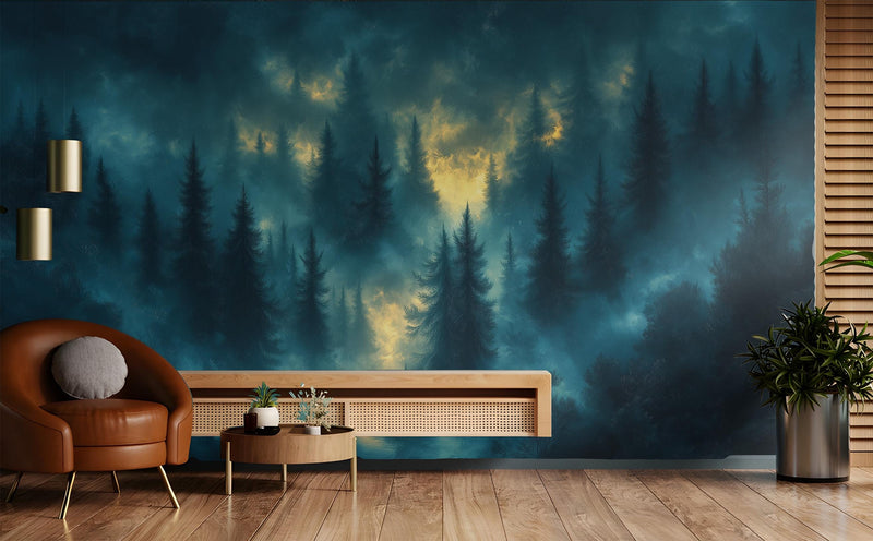 Dark Misty Pine Forest Wall Mural | Moody Night Woodland with Golden Light Wallpaper