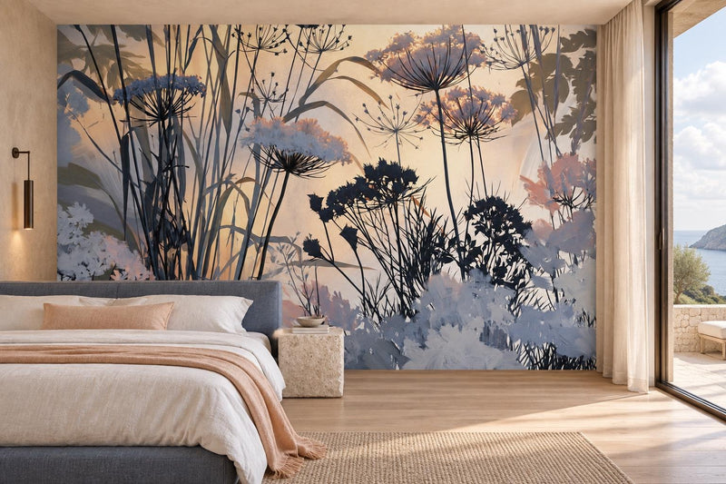 Backlit Wildflower Silhouette Wall Mural | Moody Artistic Botanical Peel and Stick Wallpaper