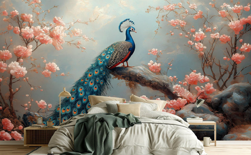 Elegant Peacock Cherry Blossom Wallpaper Mural | Soft Pink Floral Peel and Stick Wall Art