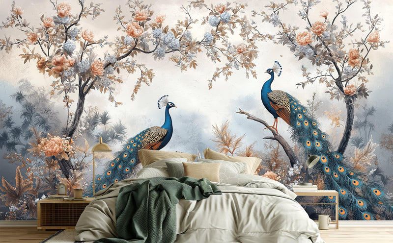 Chinoiserie Bird Floral Peacock Wallpaper Mural | Peach Blue Botanical Peel and Stick