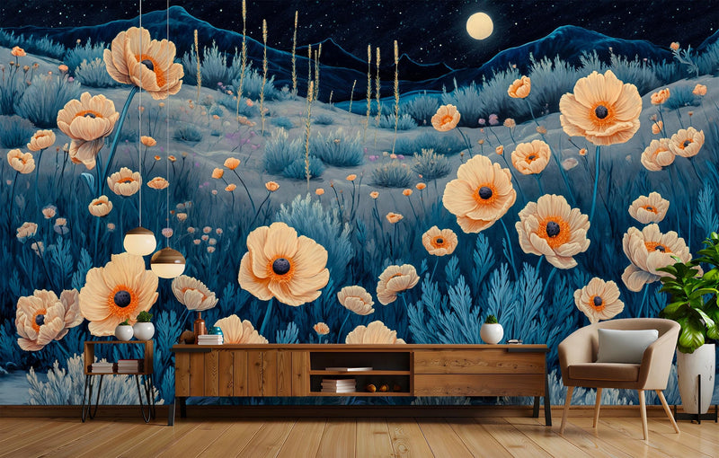 Moonlight Poppy Field Wall Mural | Night Sky Floral Landscape Peel and Stick Wallpaper