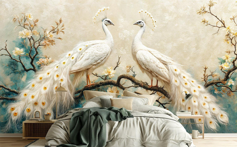 White Peacock Floral Wallpaper Mural | Chinoiserie Botanical Peel and Stick Wall Art