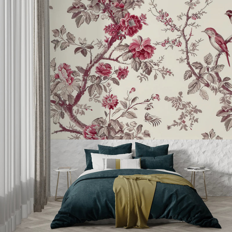 Vintage French Country Floral Bird Toile Wallpaper