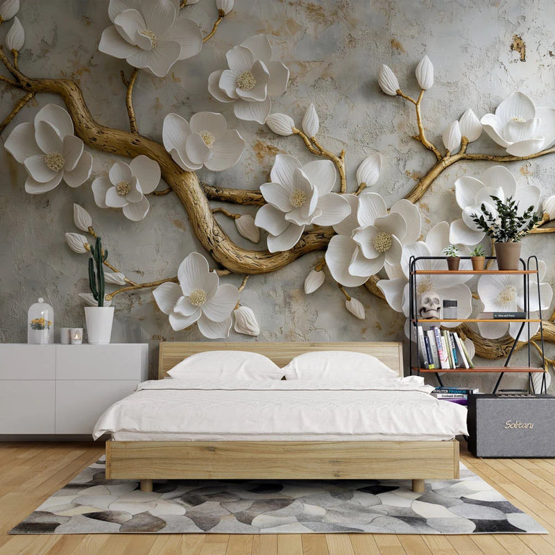 Luxury Textured White Magnolia Gold Branch Mural Wallpaper