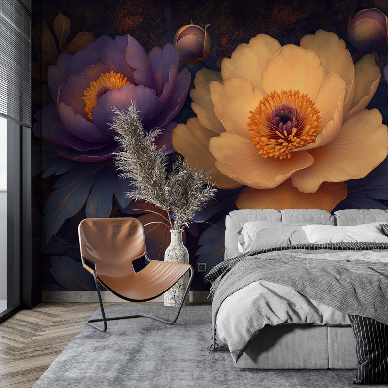 Purple Yellow Peony Floral Wall Mural, Modern Gold Accent Flower Wallpaper for Home & Office