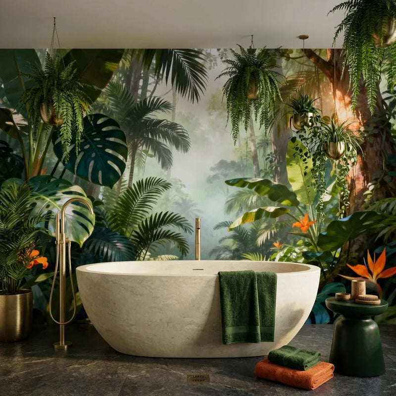 Tropical Monstera Jungle Wall Mural — Lush Rainforest with Bird of Paradise Wallpaper