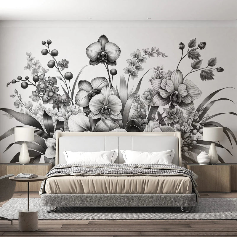 Hand-Drawn Orchid Botanical Wallpaper | Black & White mural