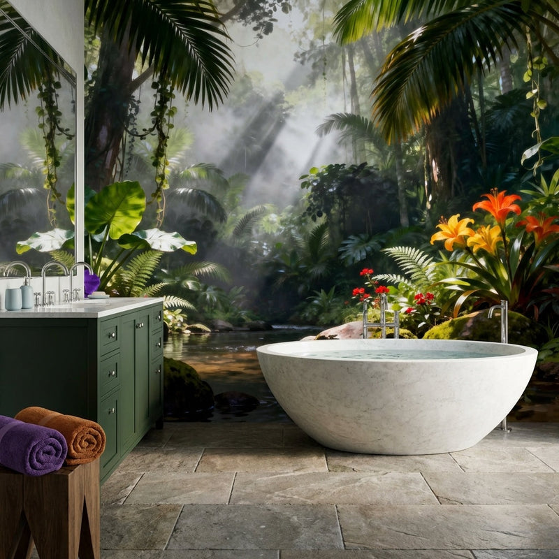 Misty Jungle Stream Wall Mural — Tropical Rainforest with Orange Lilies Wallpaper