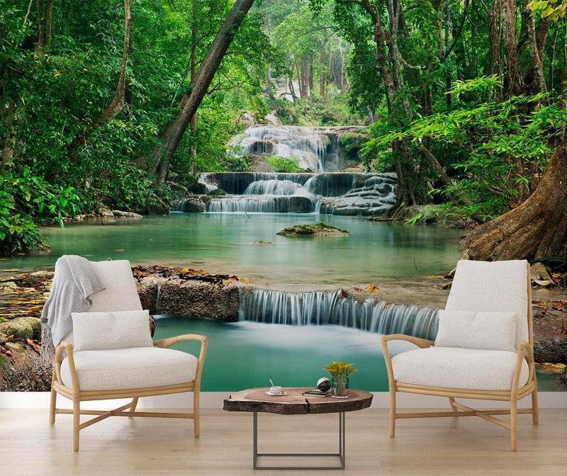 Green Jungle Waterfall Nature Scenic Wall Wallpaper