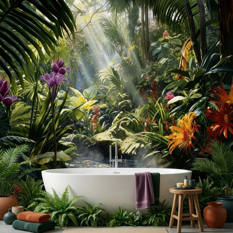 Sunlit Tropical Rainforest Wall Mural — Jungle Stream with Exotic Flowers Wallpaper
