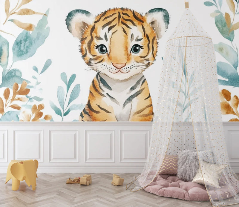 Cute Baby Tiger Head Watercolor Wall Mural, Kids Nursery Wallpaper