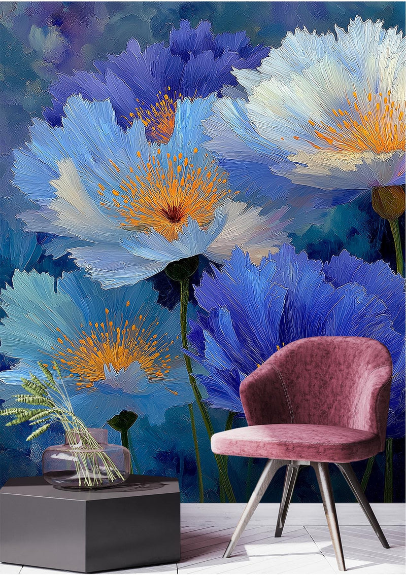 Blue Poppy Gold Accent Wallpaper Mural | Elegant Hand-Painted Floral Peel and Stick