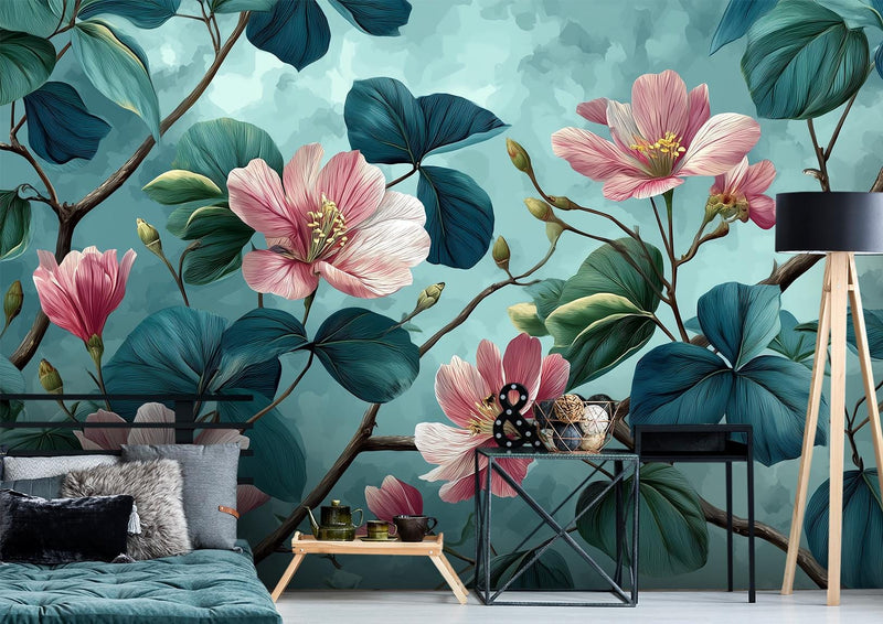 Chinoiserie Botanical Teal Floral Wallpaper – Pink Magnolia Peel and Stick Wallpaper Mural