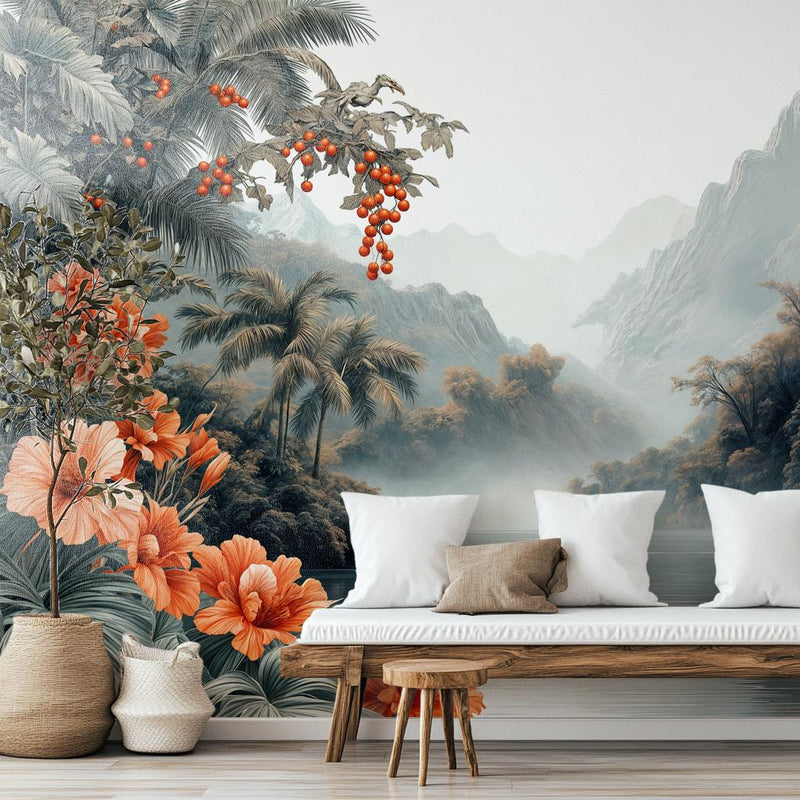 Vintage Tropical Waterfall Lake Wall Mural | Botanical Jungle Mountain Landscape Peel and Stick Wallpaper