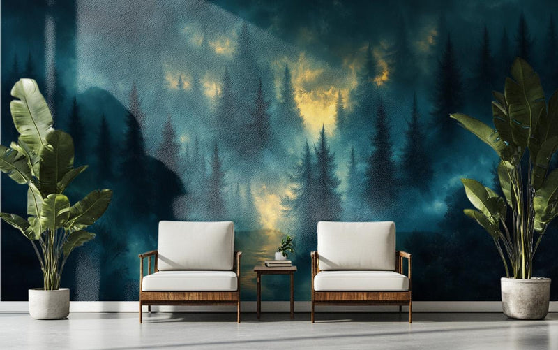 Dark Misty Pine Forest Wall Mural | Moody Night Woodland with Golden Light Wallpaper