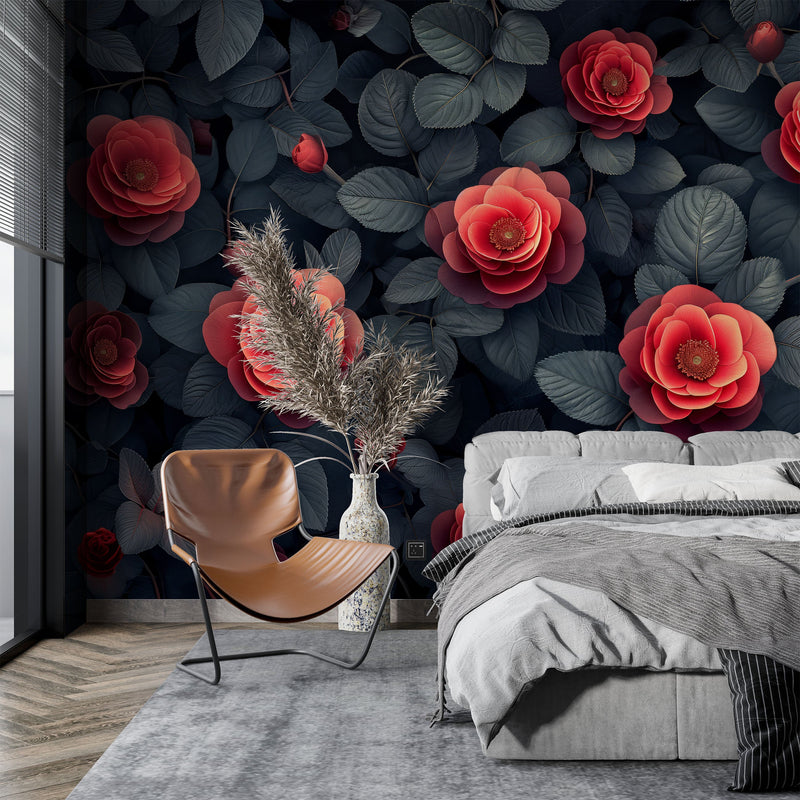 Dark Blue Background Red Rose Floral Wall Mural, Moody 3D Botanical Camellia Wallpaper, Deep Navy Large Red Flower Wall Art for Living Room Bedroom Dining Room Feature Wall