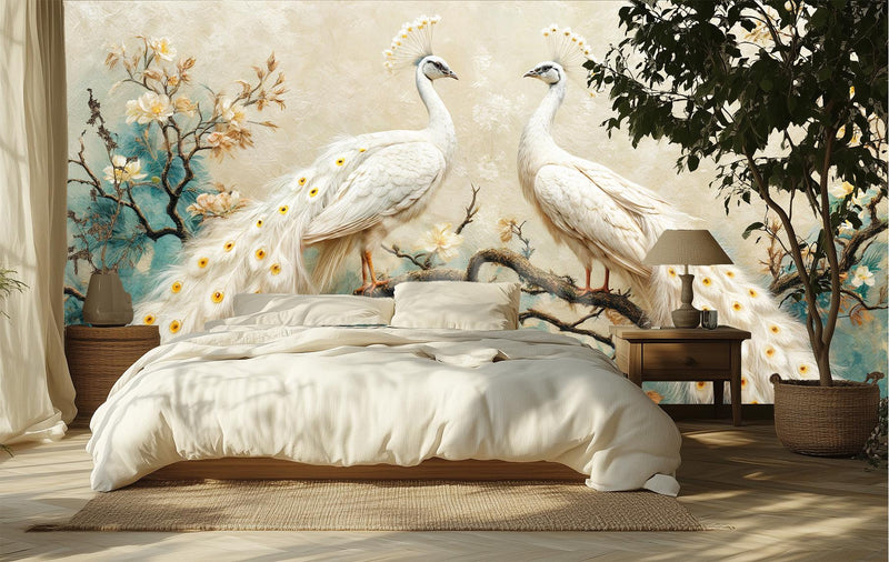 White Peacock Floral Wallpaper Mural | Chinoiserie Botanical Peel and Stick Wall Art