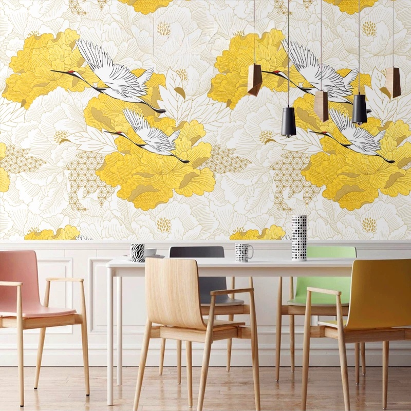 Gold Peony Crane Wall Mural | Seamless Luxury Floral Wallpaper
