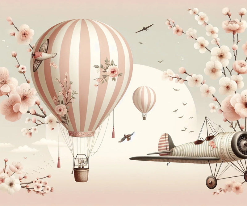 Vintage Pink Hot Air Balloon Nursery Wall Mural Wallpaper
