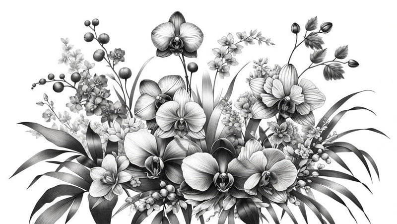 Hand-Drawn Orchid Botanical Wallpaper | Black & White mural
