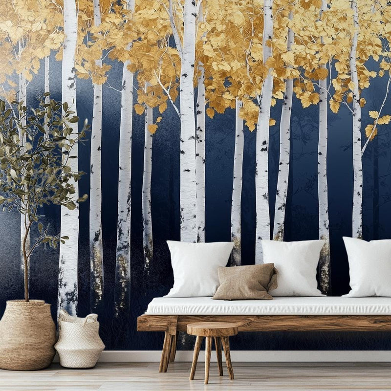 Golden Birch Forest Wall Mural, Navy Blue Background Autumn Tree Wallpaper Mural