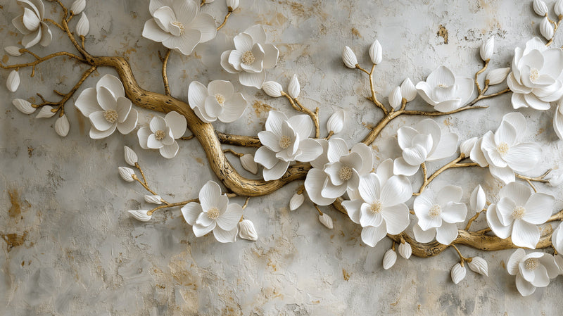 Luxury Textured White Magnolia Gold Branch Mural Wallpaper
