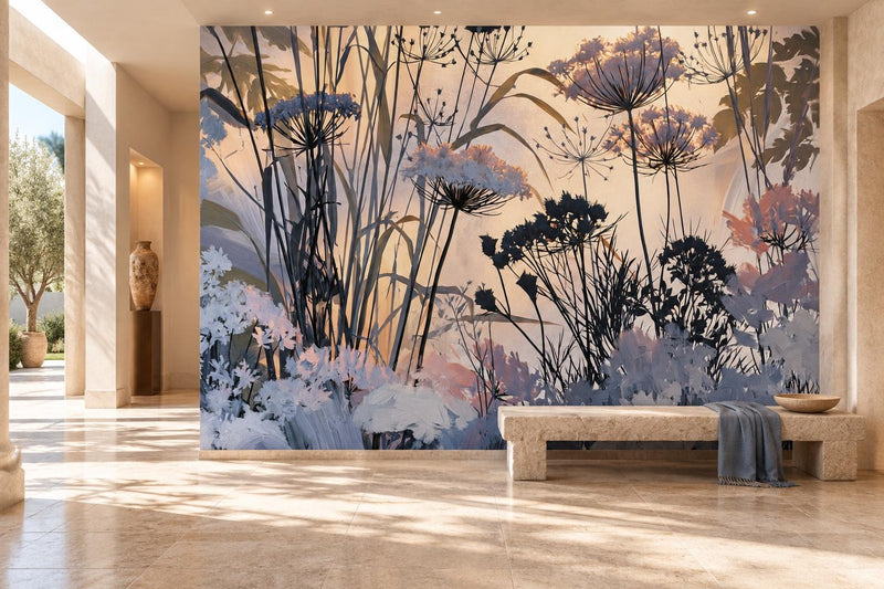 Backlit Wildflower Silhouette Wall Mural | Moody Artistic Botanical Peel and Stick Wallpaper