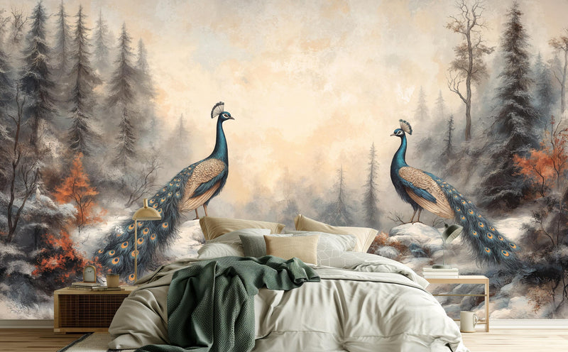 Winter Forest Peacock Wallpaper Mural | Symmetrical Coastal Pine Landscape Peel and Stick