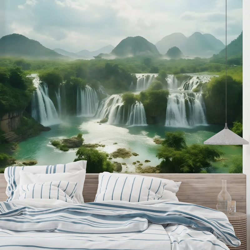 Tropical Waterfall Mountain River Wall Wallpaper, Green Scenic