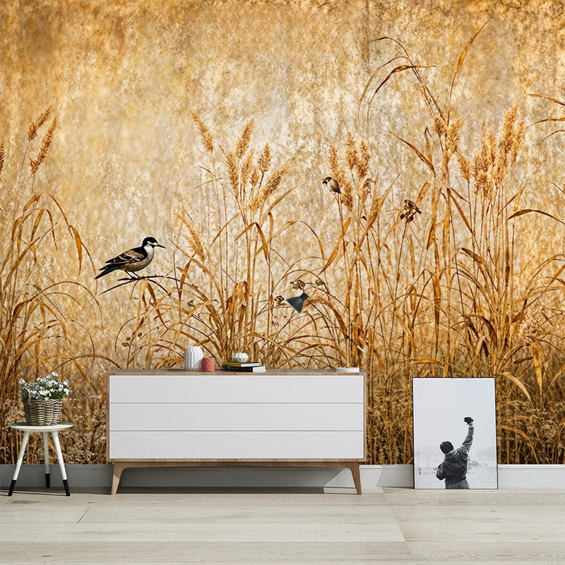 Vintage Golden Reed Grass Bird Wall Mural Wallpaper