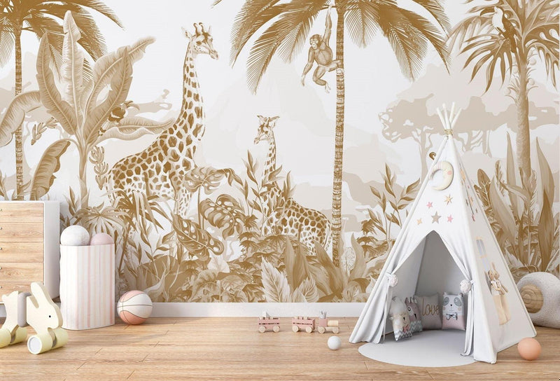 Brown Tone Jungle Giraffe & Monkey Wallpaper