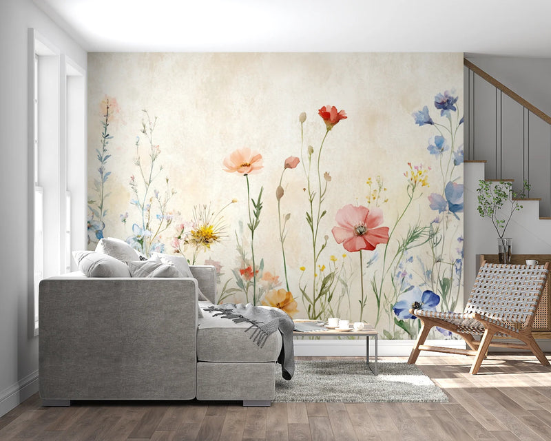 Watercolor Wildflower Meadow Border Wall Mural wallpaper