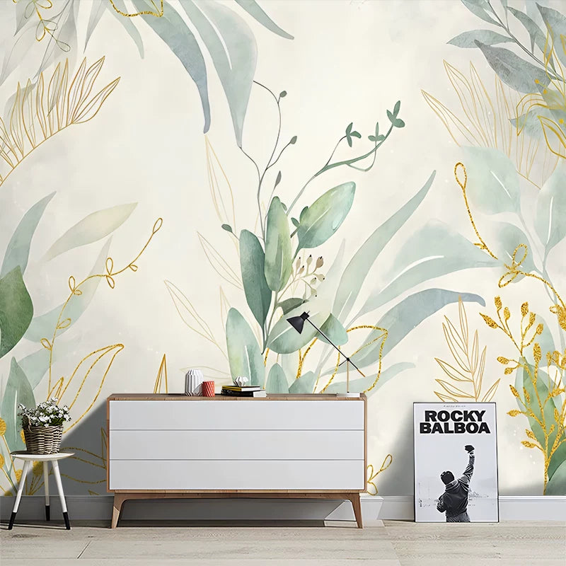 Modern Luxury Green Gold Watercolor Leaf  Wallpaper Mural