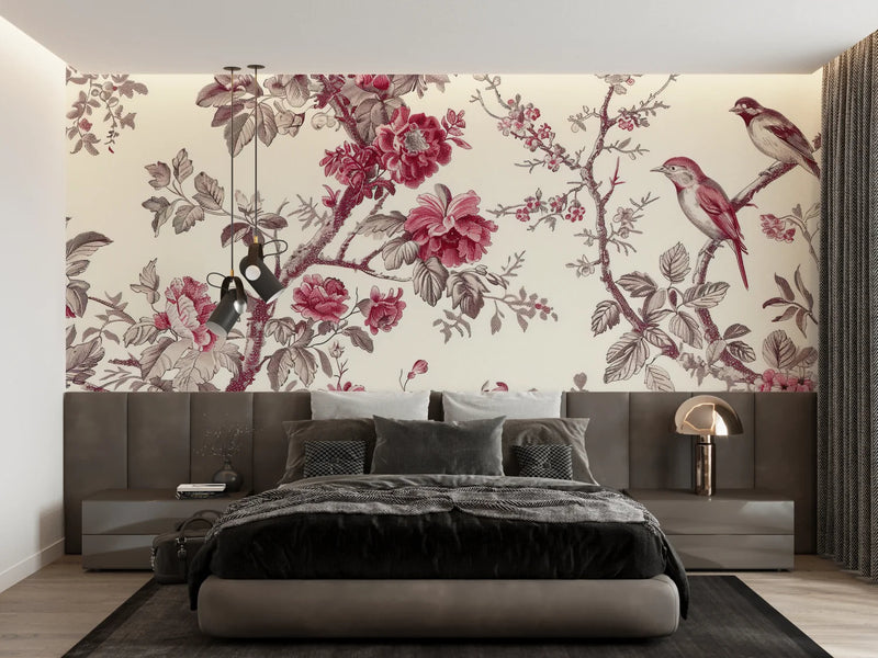 Vintage French Country Floral Bird Toile Wallpaper