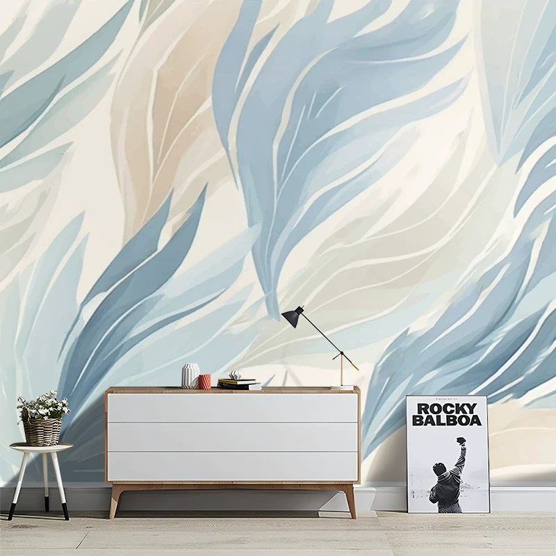 Blue Beige Abstract Watercolor Leaves  Feather Wall Mural Wallpaper