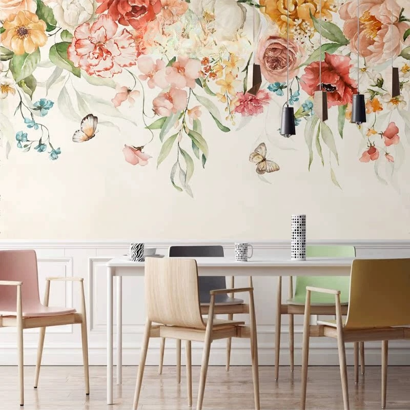 Watercolor Peony Rose Floral Border Wall Mural Wallpaper