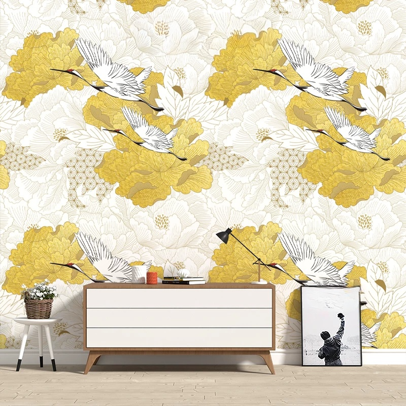 Gold Peony Crane Wall Mural | Seamless Luxury Floral Wallpaper